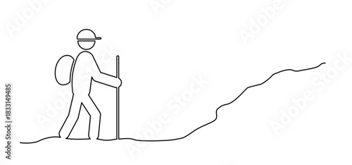 Hiking man silhouette, Cartoon in the forest or mountain hiker. Tourist stickman, hiking man with rucksacks and backpack. Sport, walking with the aid of trekking poles. Travel, trekking route