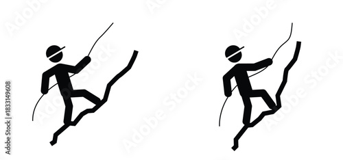 Stickman mountaineering, climbing icon or symbol. Actifity, extreme sports. climb the mountain. Travel sport. Stick figures man climbing mountain. Hiking man silhouette. Travel, trekking route,