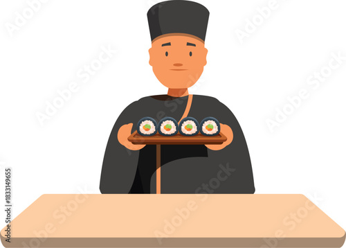 Sushi chef serving fresh maki rolls on a wooden tray, showcasing traditional japanese cuisine