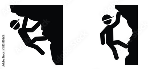 Stickman mountaineering, climbing icon or symbol. Actifity, extreme sports. climb the mountain. Travel sport. Stick figures man climbing mountain. Hiking man silhouette. Travel, trekking route,