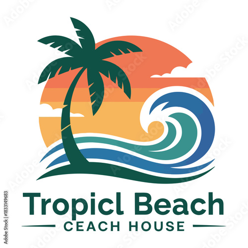 Tropical beach house logo with palm tree and wave during sunset