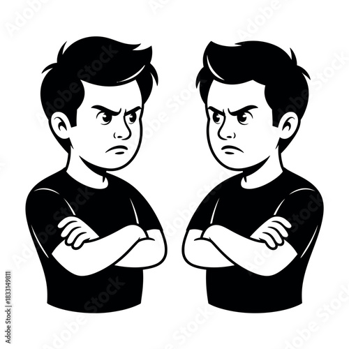 Two angry boys stand facing each other with their arms crossed.