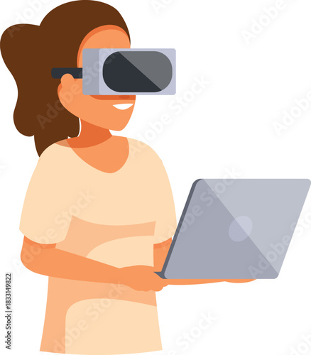 Woman experiencing virtual reality using vr headset and laptop, interacting with metaverse