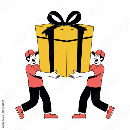 Two delivery personnel carry a large yellow gift box with a black ribbon