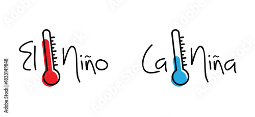 Climate change, global climate cycle known as El Niño and La nina concept. El Nino and La Nina, indicating warm and cold water and winds. Weather, temperatures climate effects in the Pacific Ocean.