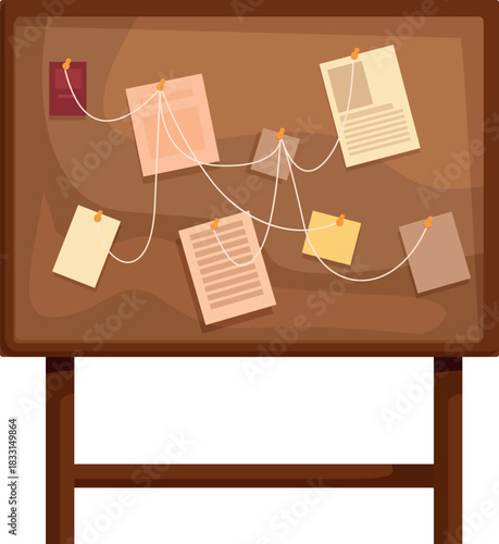 Cork board showing connected evidence and clues, representing a detective's investigation or crime scene analysis