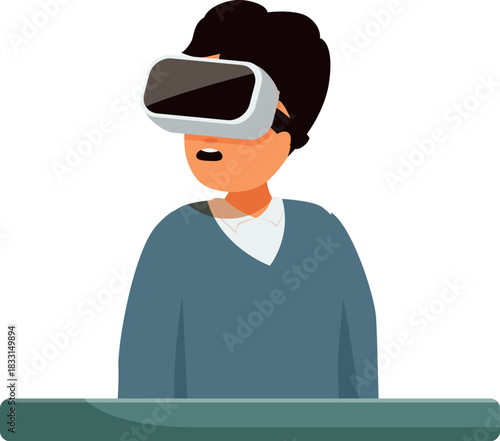 Man wearing vr headset exploring virtual reality while sitting at desk