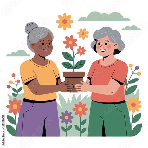 Two women share a potted plant in a garden setting.