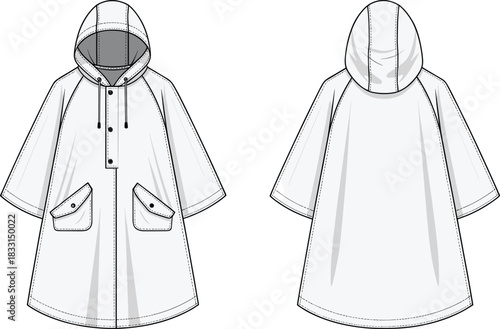 Hooded rain poncho flat sketch, waterproof coat vector template, outdoor jacket fashion drawing, rainwear technical illustration design