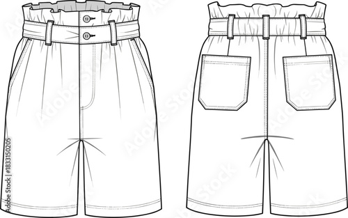 Paper bag shorts flat sketch, high waist belt shorts design, fashion technical drawing, vector clothing template, stylish apparel illustration