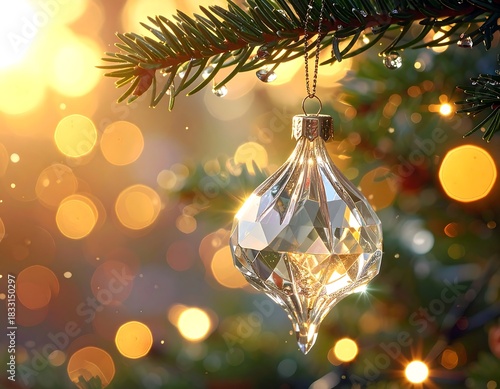 Crystal ornament hanging on a pine tree with blurred lights in background, festive and sparkly for the holidays