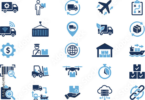 Logistics icons, supply chain, transportation, delivery truck, cargo container, warehouse, barcode, forklift, drone, shipping, customs, air freight, sea freight, data management, global network 