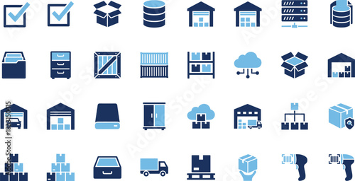 Logistics icon set, warehouse tools, inventory symbols, supply chain, storage units, delivery trucks, data organization, industrial graphic, shipping crates, cloud system