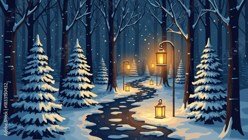 Enchanting winter forest path illuminated by warm lanterns and falling snow creating a magical and serene atmosphere