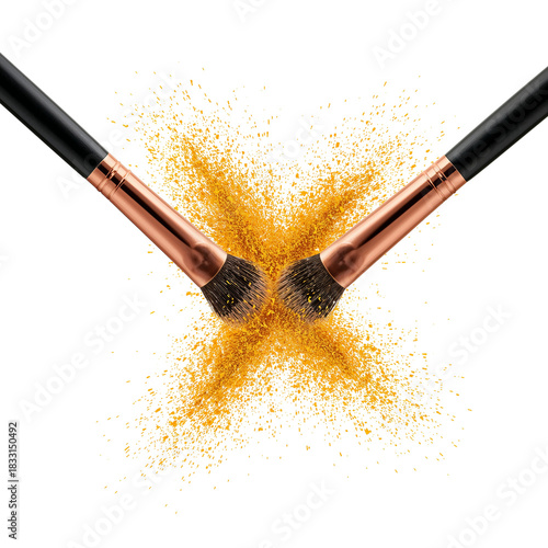 Makeup brush artistry with vibrant golden powder against a stark black backdrop