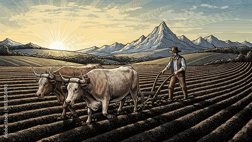 Illustration of a farmer plowing a field with oxen under a bright sun and mountainous background