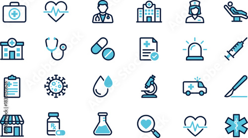 Medical icons, healthcare symbols, hospital tools, doctor graphics, patient care, blue theme, emergency visuals, treatment interface, clinical elements, health diagnostics