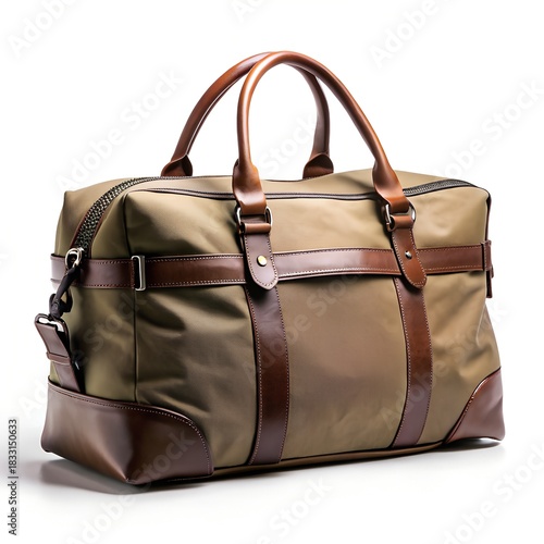 Stylish canvas and leather duffel bag isolated on white background