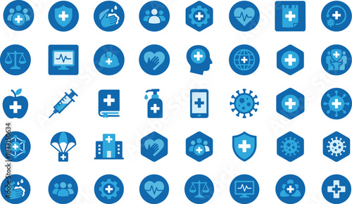 Medical icons, healthcare symbols, wellness graphics, hospital visuals, health services, cross emblem, virus protection, handwashing, syringe, shield, molecular structure, blue theme, vector set