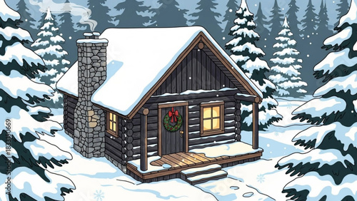 Cozy log cabin nestled in a snowy forest adorned with a festive christmas wreath on the door smoke curling from the chimney and warm light emanating from the windows