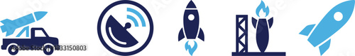 Missile launch icons, rocket flight graphics, satellite communication, mobile launcher, space exploration symbols, aerospace vector set, military tech design