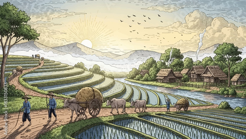 Illustration of rice terraces with farmers and oxen carts at sunrise in a rural asian landscape scene