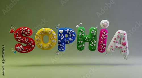 Colorful alphabet balloons spell out the name sophia with festive decorations