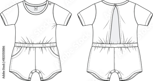 Baby romper flat sketch, short sleeve infant jumpsuit design, kidswear fashion template front and back view, vector technical drawing