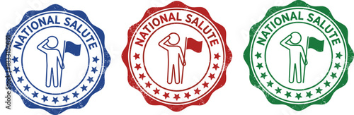 National salute badges, patriotic emblem icons, flag holder silhouette, commemorative vector design, honor symbol set, military tribute graphic, colored seal