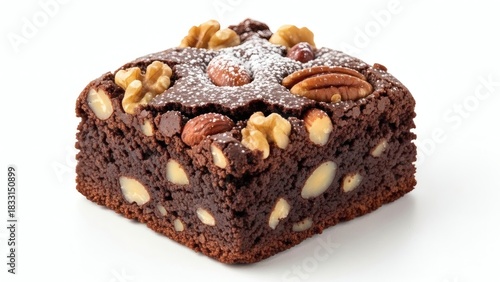 Delicious brownie with nuts and powdered sugar on a white background