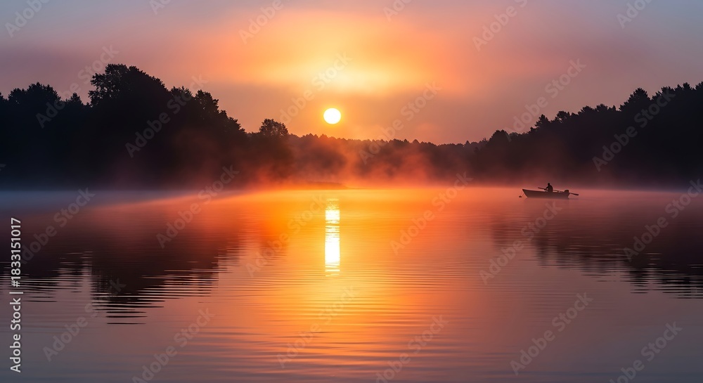 Fototapeta premium Serene sunrise over misty lake with lone rower creating a peaceful and reflective scene, perfect for relaxation and mindfulness content