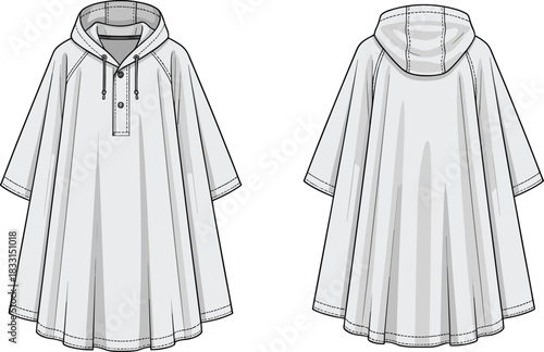 Hooded poncho top technical flat sketch, loose fit cape design with buttons, fashion apparel illustration front and back view template