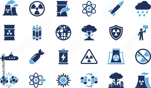 Nuclear energy icon set, atomic science, radiation symbols, power plant graphic, environmental impact, safety tools, missile concept, molecular structure, radioactive design
