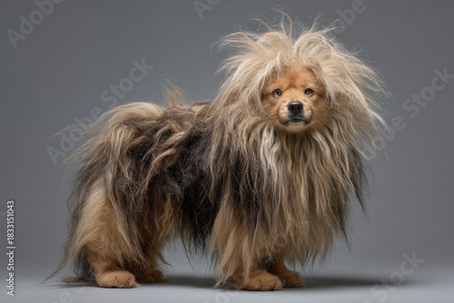 A small dog with a volumino...