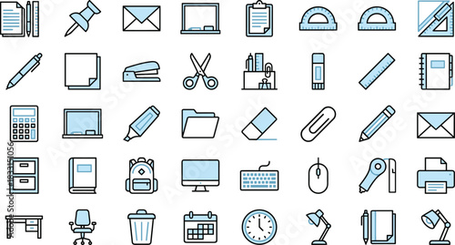Office icons, school supplies, stationery, desk tools, computer, notebook, calendar, pen, pencil, folder, lamp, chair, clock, file