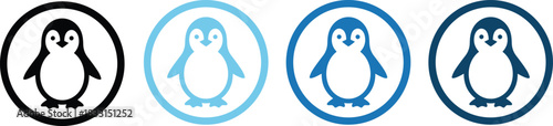 Penguin icon set, stylized animal, color variation, cute bird, wildlife symbol, arctic creature, graphic design, branding element, nature theme, playful illustration