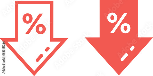 Percentage drop icons, red downward arrows, discount symbol, financial decline graphic, interest rate reduction, vector set, economic trend, sale design