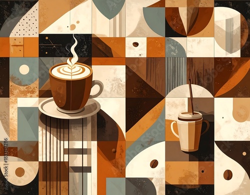 Abstract coffee art in geometric shapes, showcasing a modern and artistic coffee theme
