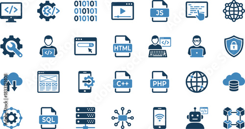 Programming icon set, software development, coding tools, IT symbols, cloud computing, cybersecurity graphic, tech interface, web design, app development, data system