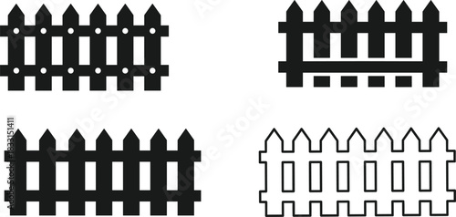 Picket fence icons, garden barrier vector, outdoor enclosure symbols, wooden fence illustration, decorative boundary design, home exterior element set