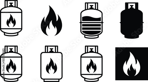 Propane icons, gas tank, flame, fuel, fire, safety, energy, combustion, heating, container, warning, flammable, burn, hazard