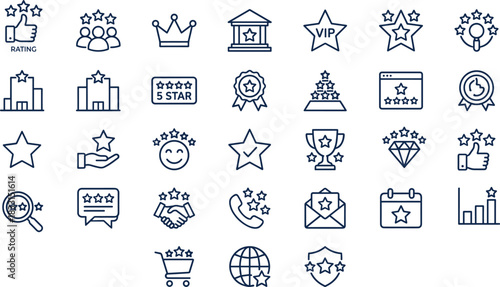 Rating icons, review symbols, customer feedback, quality assurance, satisfaction graphics, premium service, blue theme, VIP visuals, user experience, trust indicators, loyalty tools