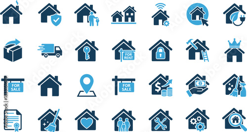 Real estate icon set, housing symbols, property management, home services, rent and sale, security concept, investment graphic, maintenance tools, location pin, inspection