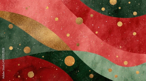 Abstract holiday design with wavy shapes, reds, greens, and gold dots