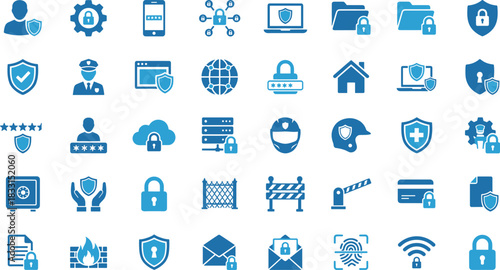 Security icons, protection symbols vector, cybersecurity graphics, data safety elements, secure access visuals, blue tone design, physical security illustration, privacy tools concept set