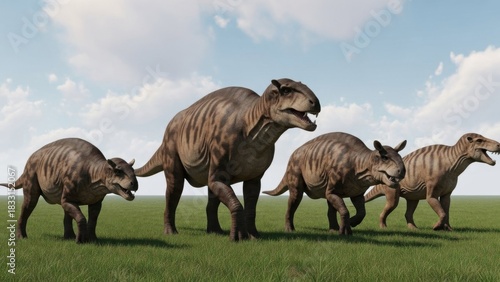 A herd of Scutosaurs grazing peacefully on a bright day in prehistoric era landscape