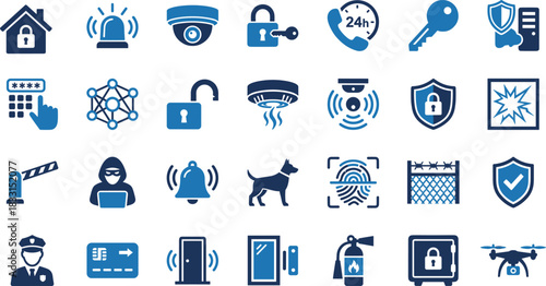 Security icons, protection symbols, surveillance tools, safety technology, home defense, cybersecurity elements, alarm systems, vector set, privacy design, secure access