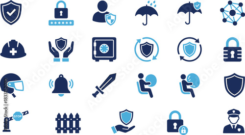 Security icons, safety symbols, protection graphics, shield, padlock, emergency response, cybersecurity visuals, law enforcement, secure access, safety equipment, vector set, blue theme