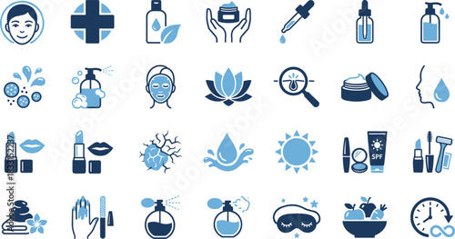 Skincare icon set, beauty routine, personal care, cosmetic symbols, wellness tools, facial treatment, spa elements, hydration concept, self-care graphic, dermatology design