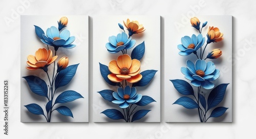 Three panel triptych wall art featuring textured blue and orange flowers on white background